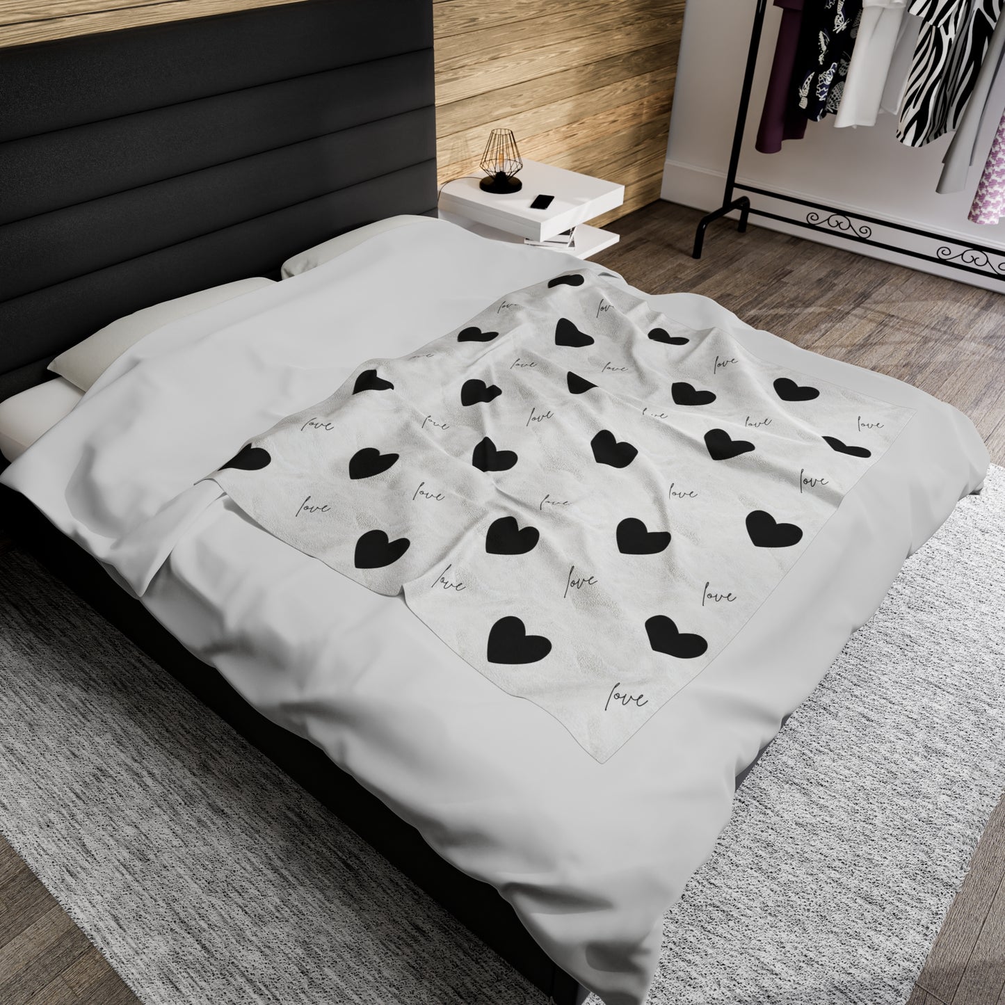 For The Love of Hearts Black - Velveteen Plush Blanket